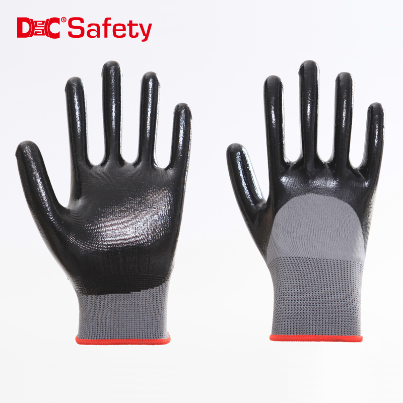 13 gauge  polyester liner black nitrile 3/4 coating smooth finished working glove