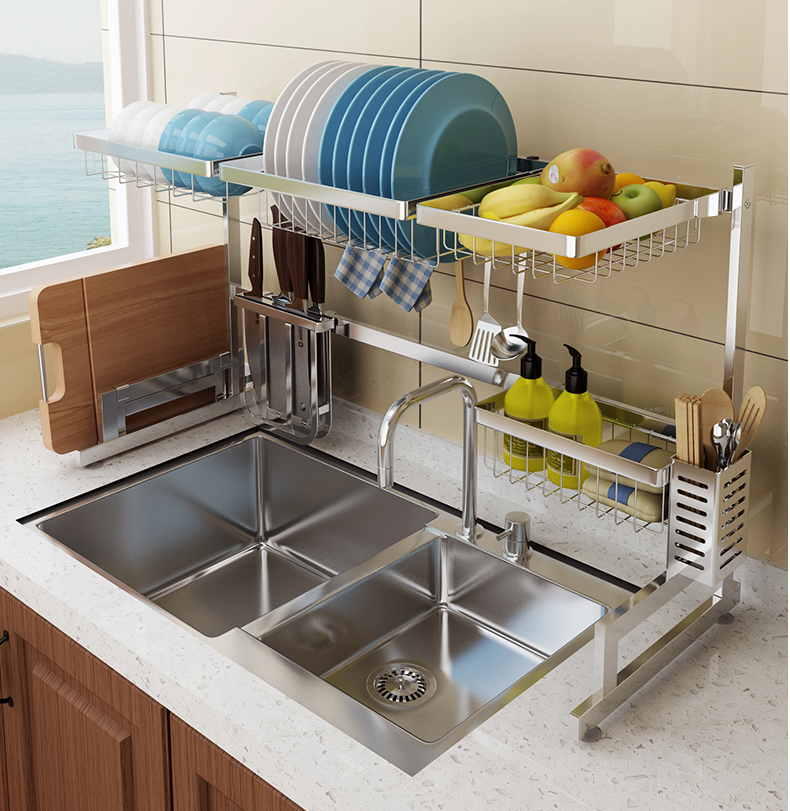 Brushed silver 2 tier Stainless steel dish rack over sink