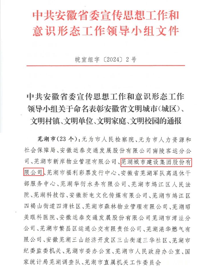 【喜报】芜湖城市建设集团股份有限公司荣获“第十三届