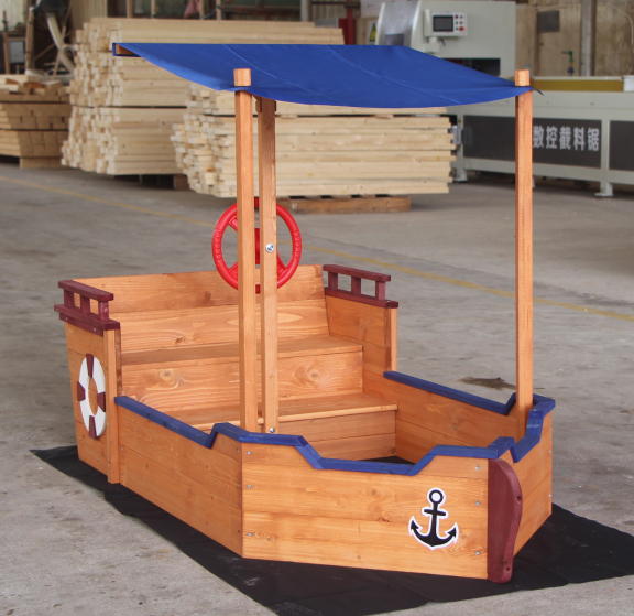 Wooden outdoor sandbox ship play boat with sandbox and shade cover