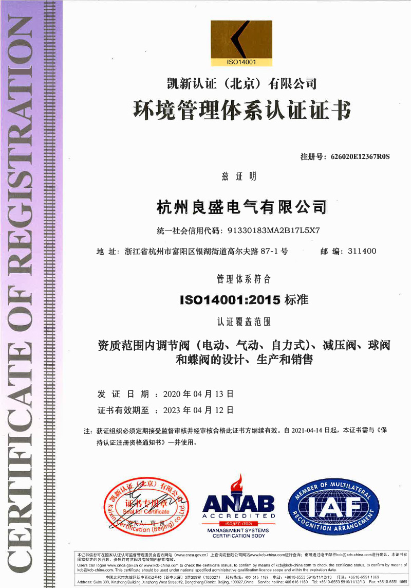 良盛电气环境管理体系认证证书