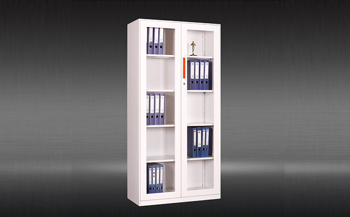 White Full Glass Swing Doors Steel Filing Cabinet with 4 Adjustable Shelves