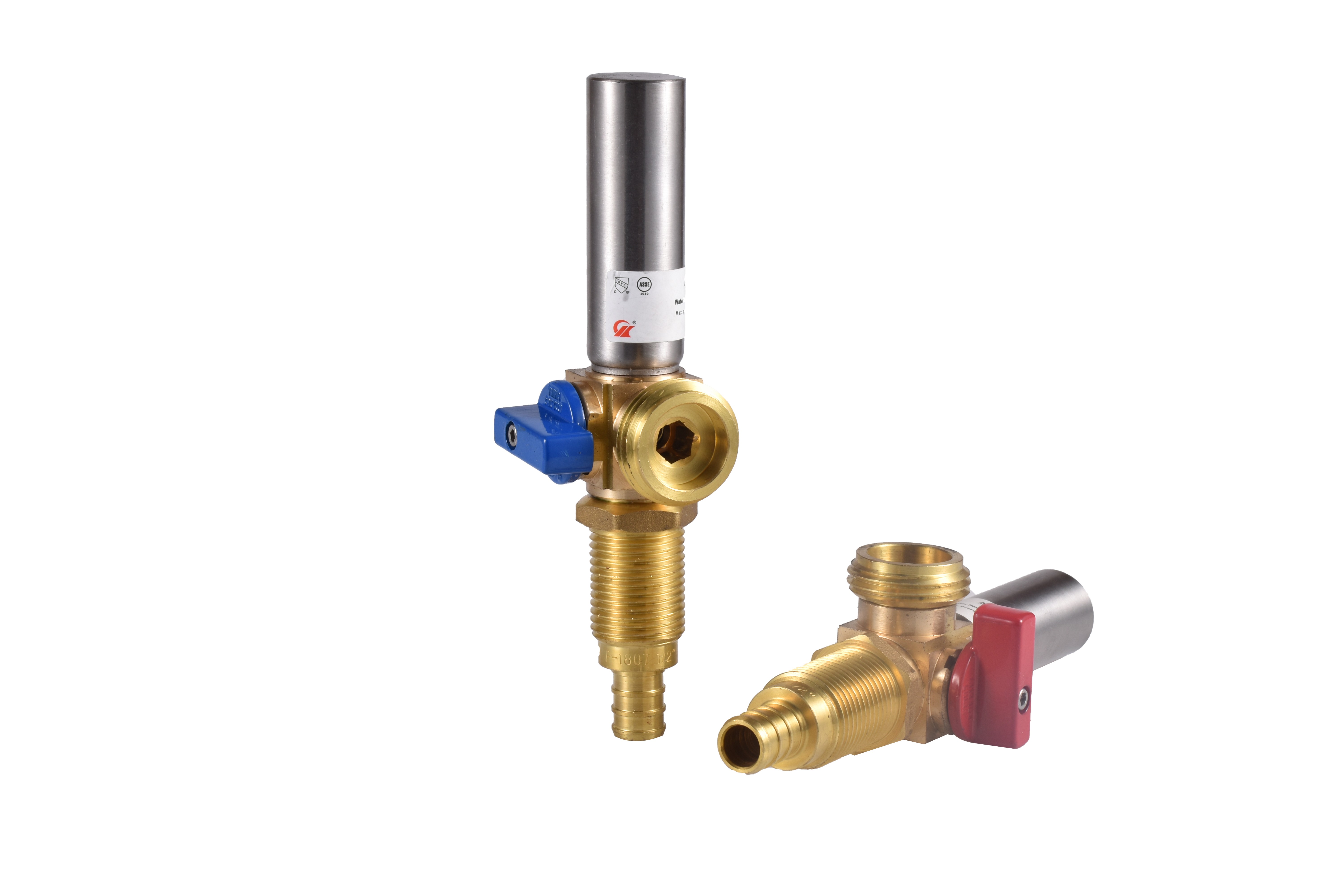 Valve with Stainless Steel Water Hammer Arrester 1/2" F-1807 Crimp Pex x 3/4" MHT Left Blue and Right Red Handle