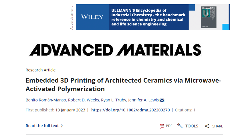 《Advanced Materials》：微波活化聚合嵌入式3D打印的建筑陶瓷