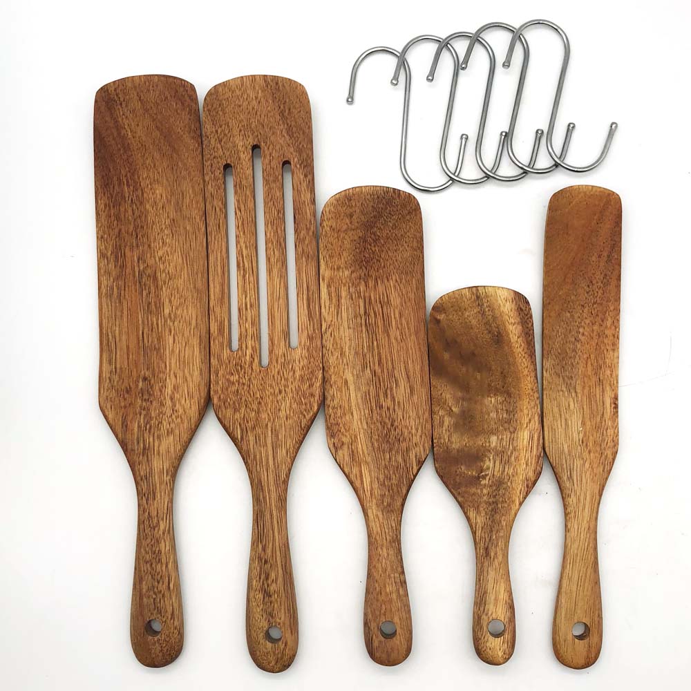 acacia wooden 5 pieces spurtle set with hook and wooden spoon rest