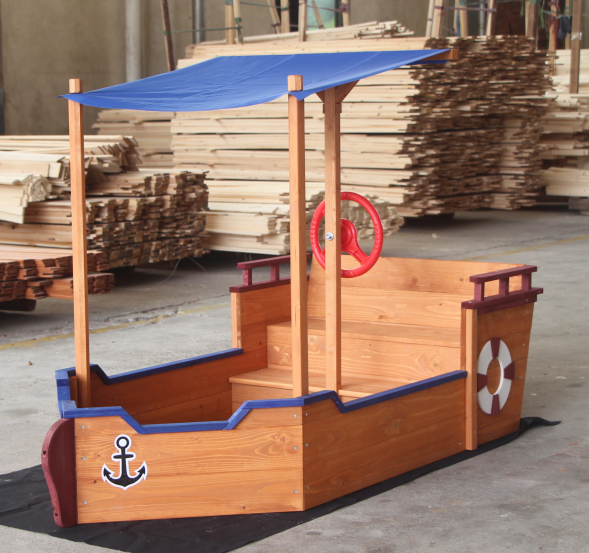 Wooden outdoor sandbox ship play boat with sandbox and shade cover