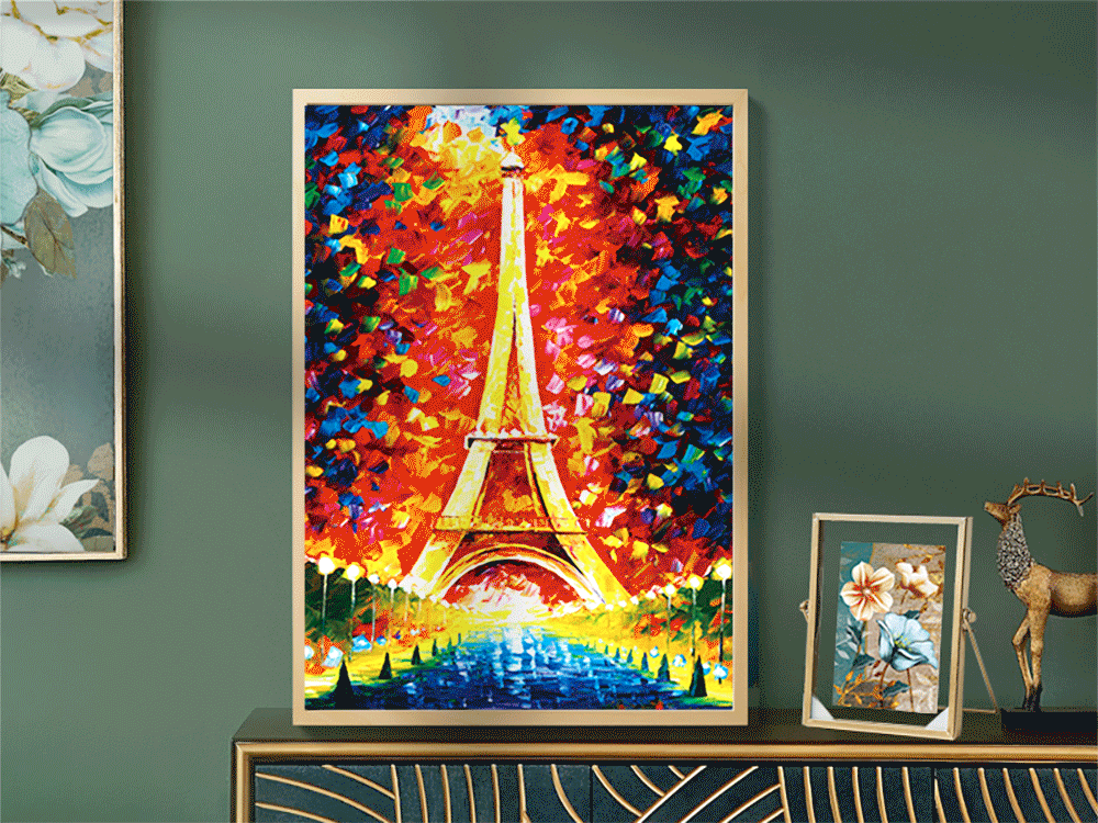 现代轻奢风格3D立体装饰画-巴黎铁塔油画-37x52cm