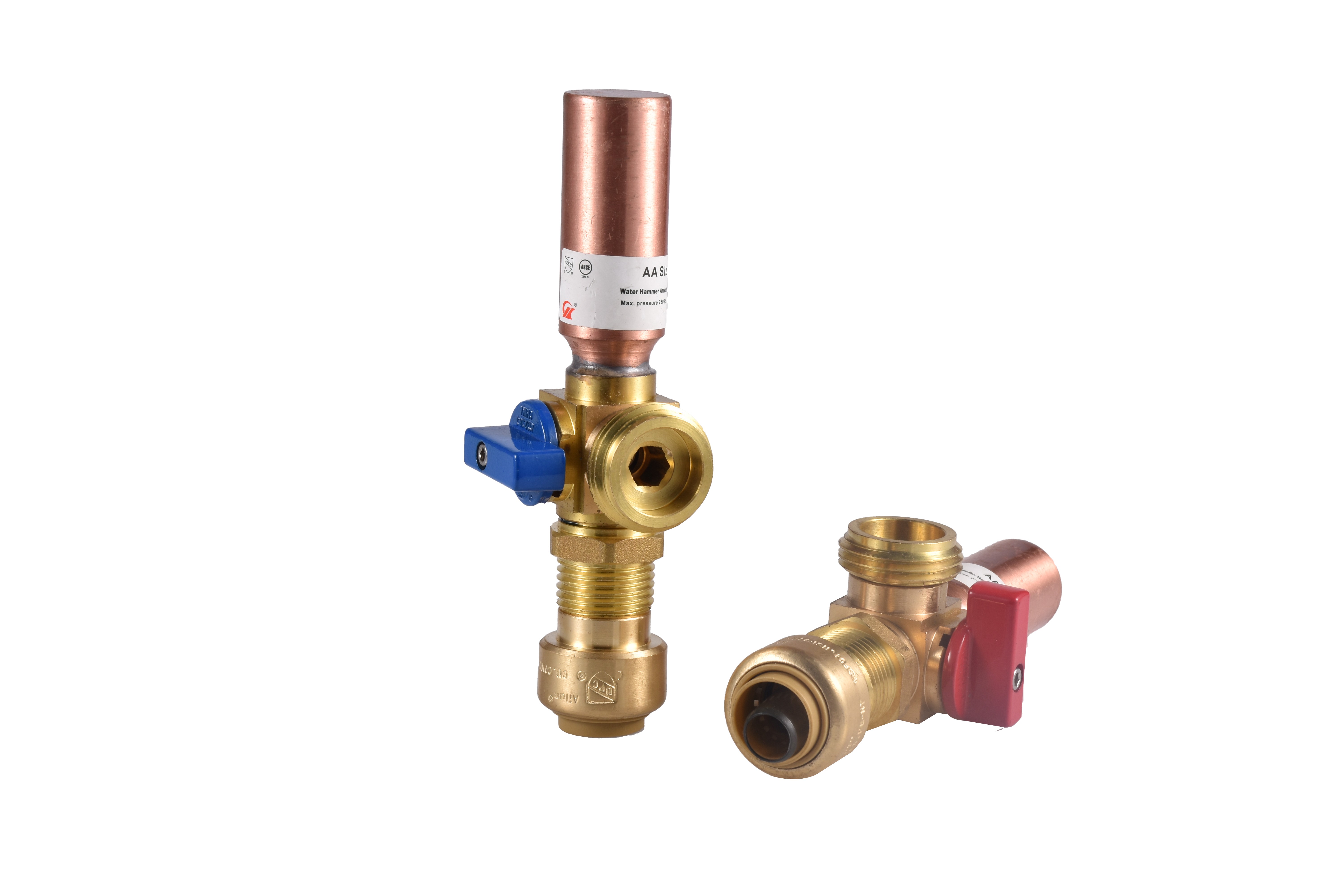Valve with Copper Water Hammer Arrester 1/2" Pushfit/Sharkbite x 3/4" MHT Left Blue and Right Red Handle