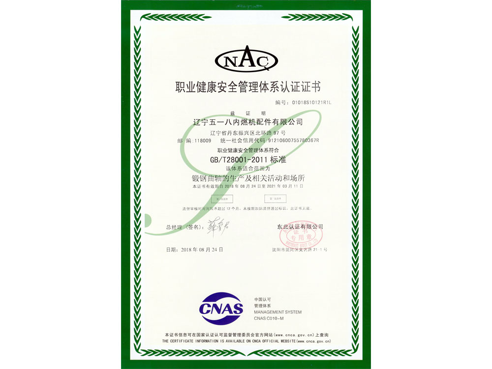 Certificat système santé et sécurité OHSMS18001