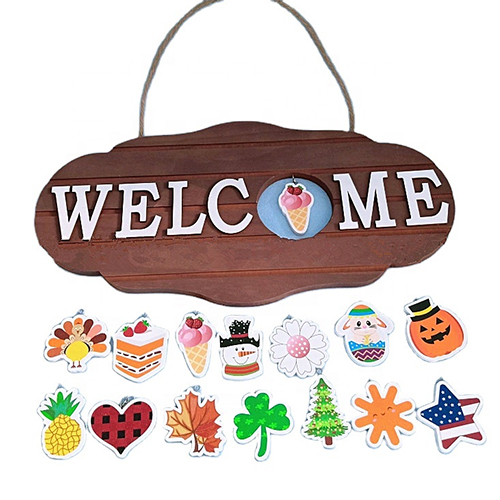Interchangeable wooden welcome signs home decor with 14 attachments for front door