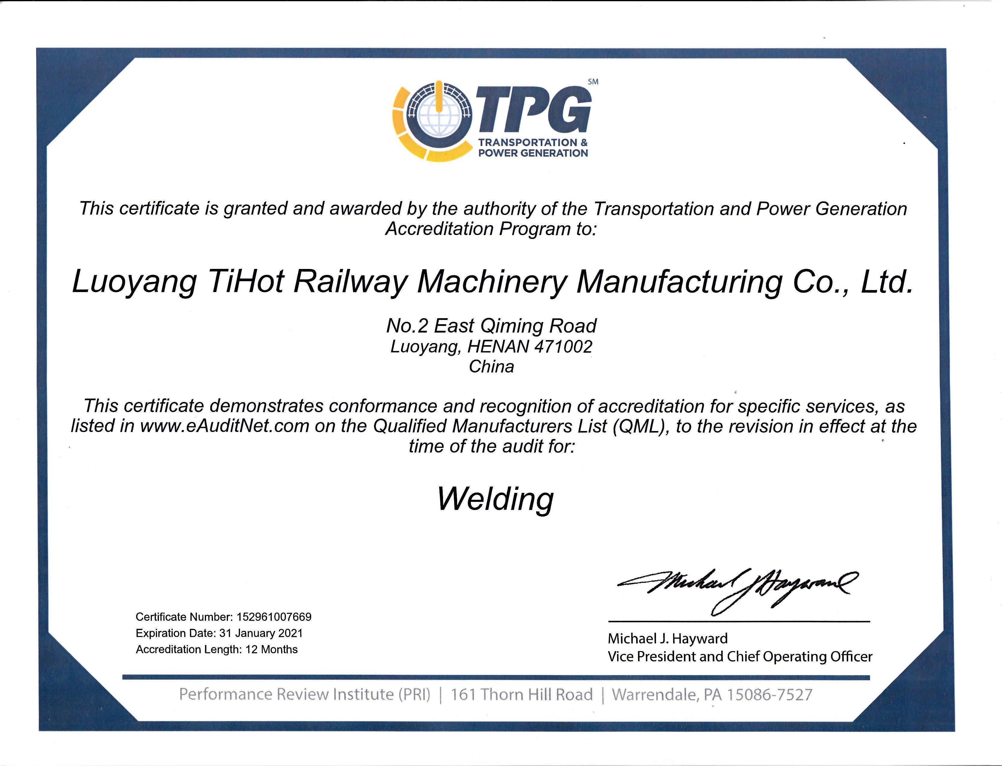 TPG welding certificate