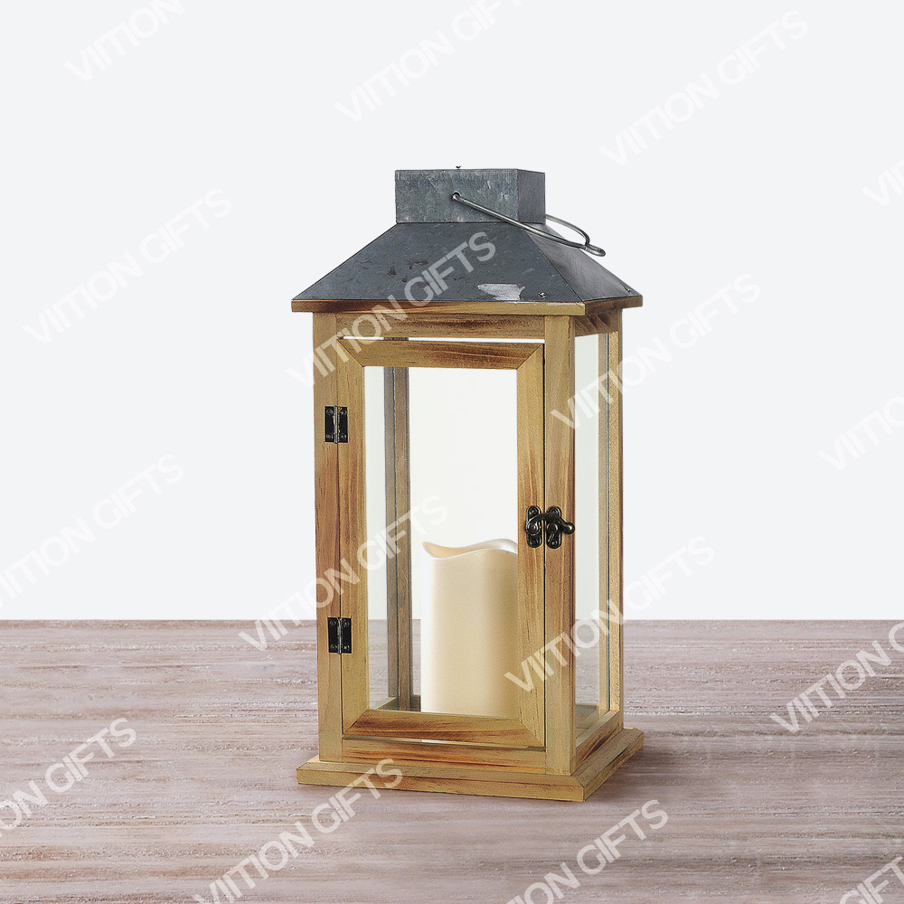 Solar wood Lantern with LED candle 