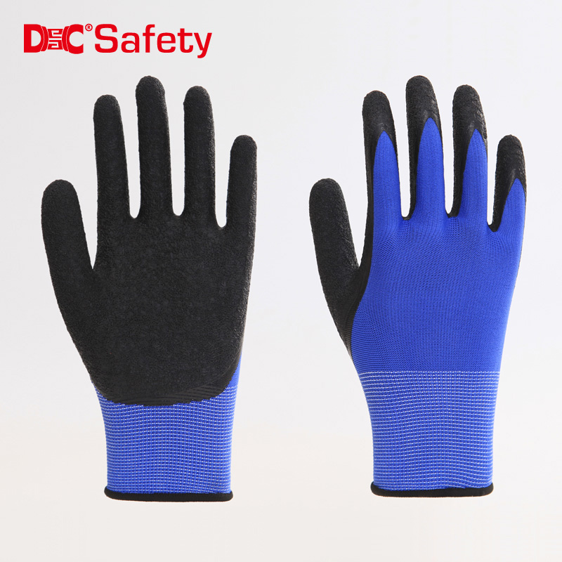 13 gauge polyester liner latex palm and thumb coating crinkle finished working glove
