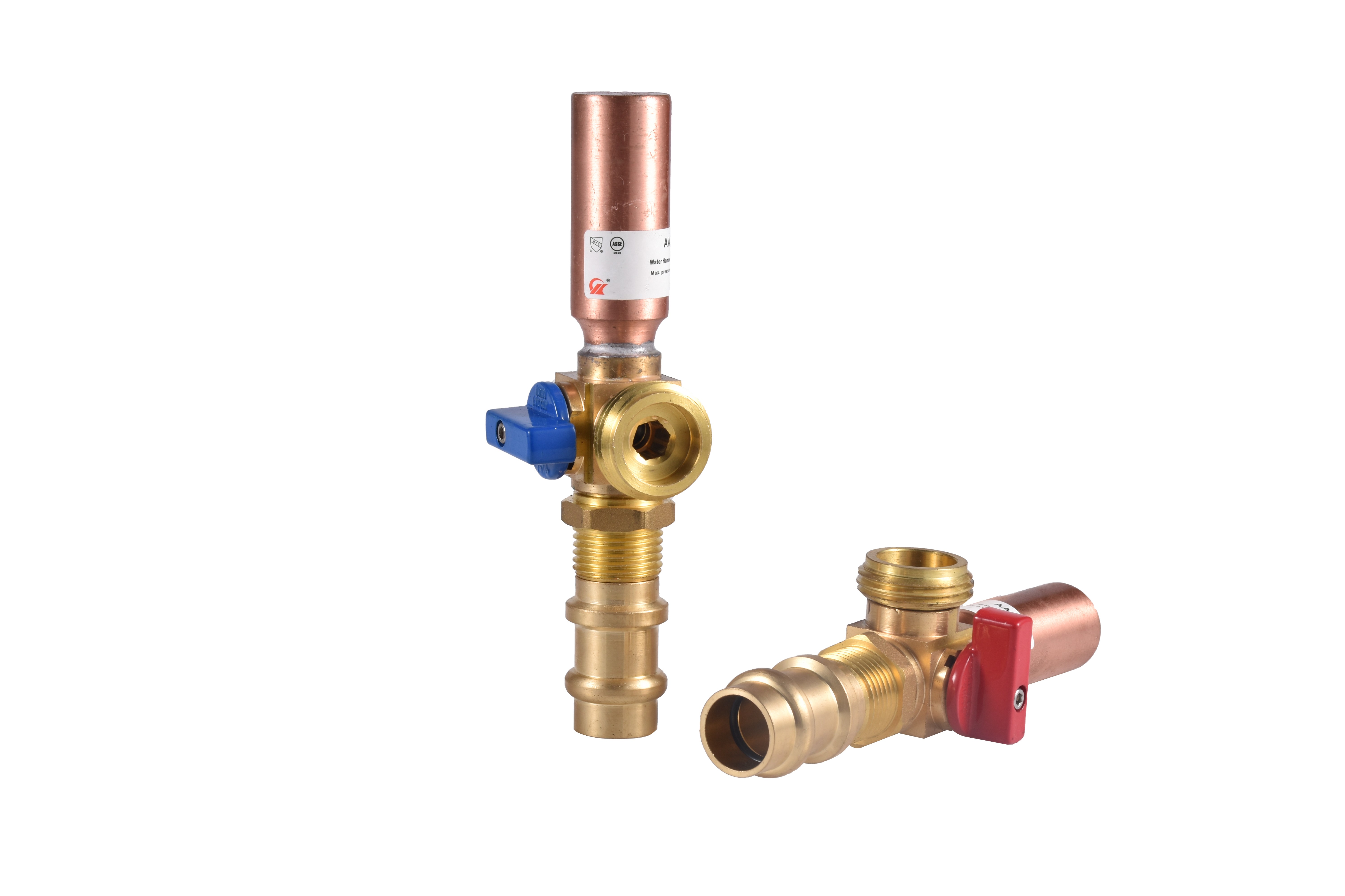 Valve with Copper Water Hammer Arrester 1/2" Press x 3/4" MHT Left Blue and Right Red Handle