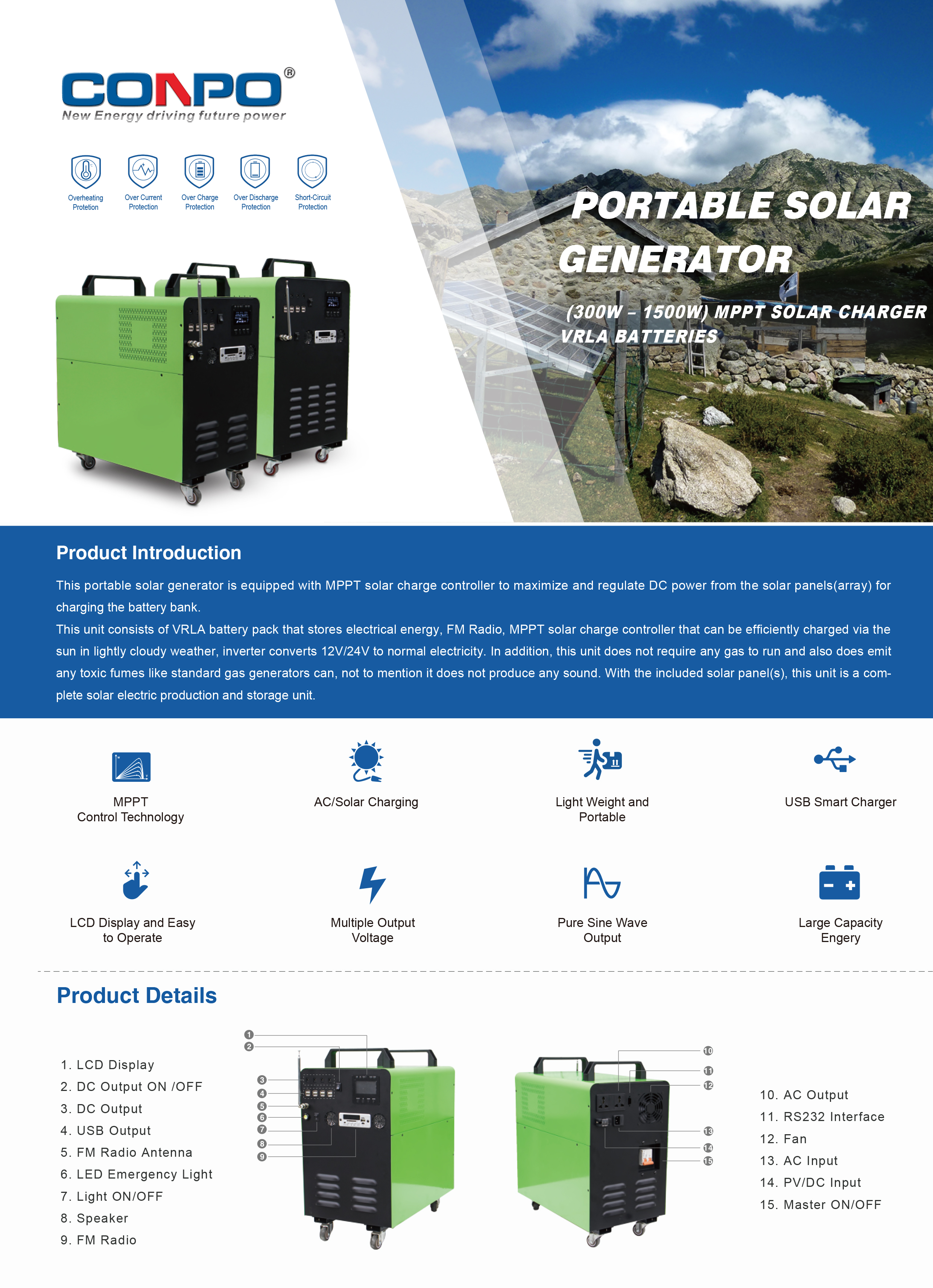 300W/500W/1000W/1500W PIM series DC/AC Solar Generator, built-in MPPT Solar Charge Controller (VRLA Battery)