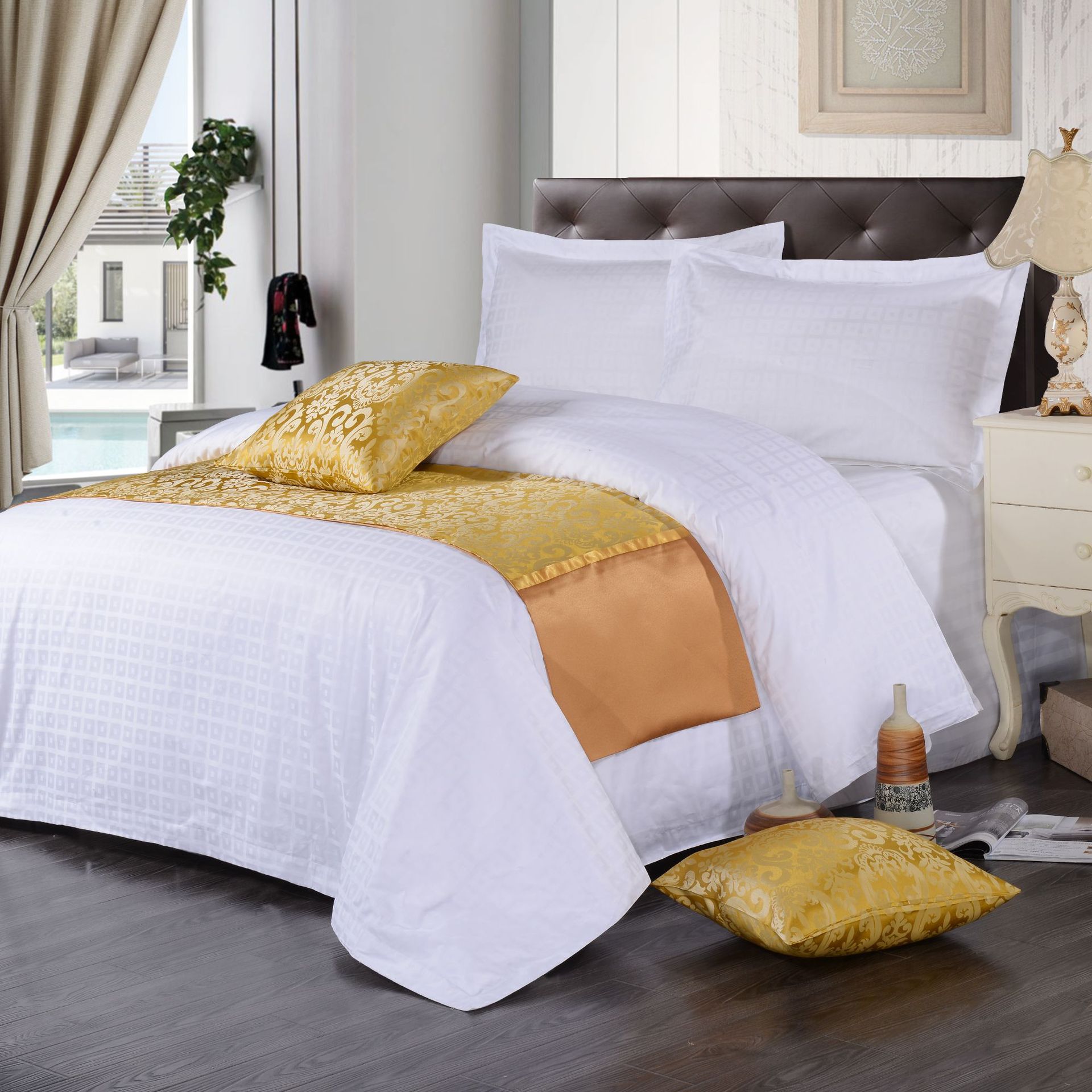 君芝友酒店用品賓館酒店床上用品四件套全棉純白色貢緞4件套床單被套床品JZY-0002