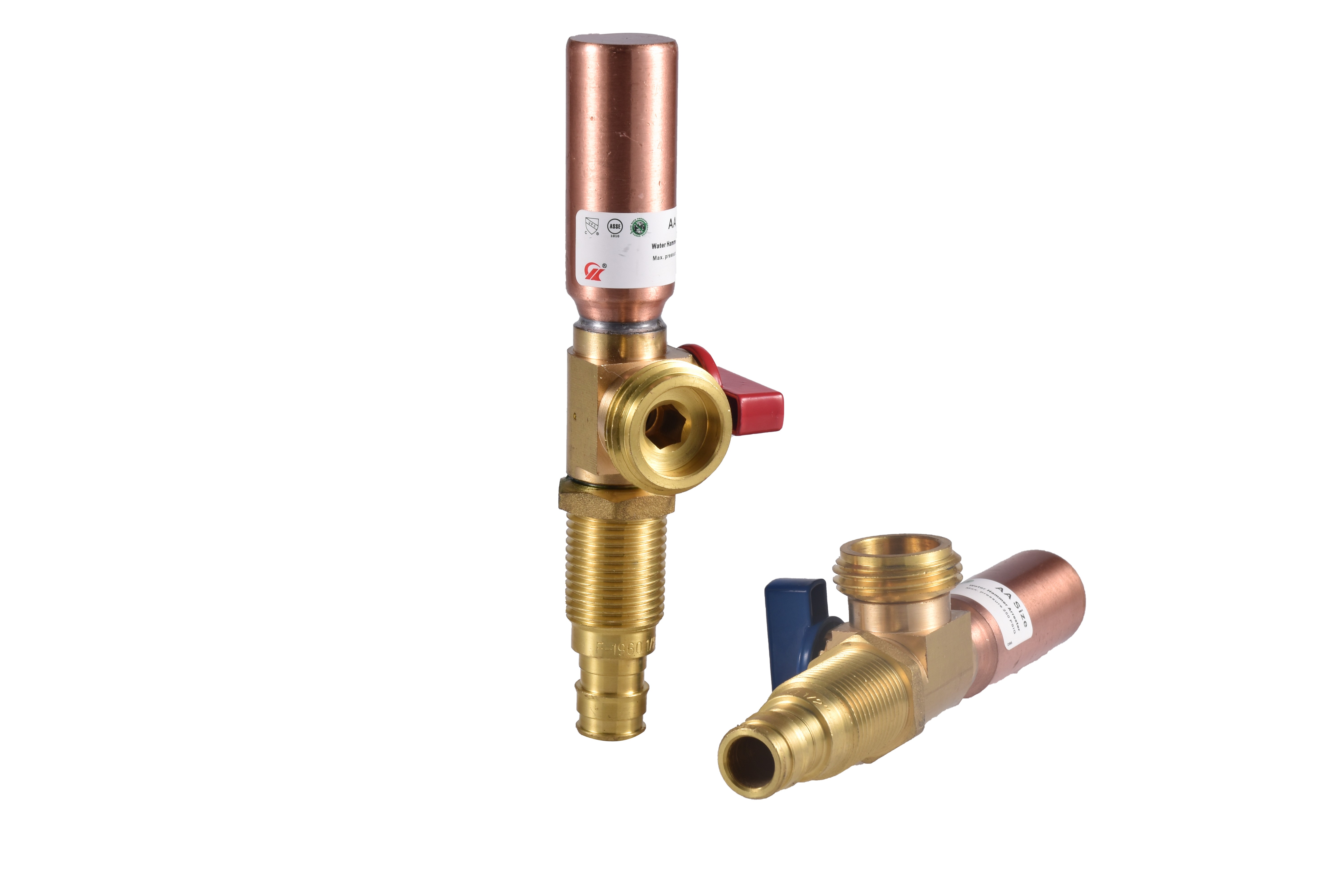 Valve with Copper Water Hammer Arrester 1/2"  F-1960 Upnor/.Wirsbo Pex x 3/4" MHT Left Blue and Right Red Handle