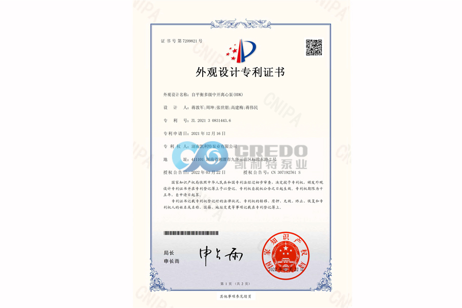 Patent certificate for  self-balancing multistage centrifugal pump (HDK)