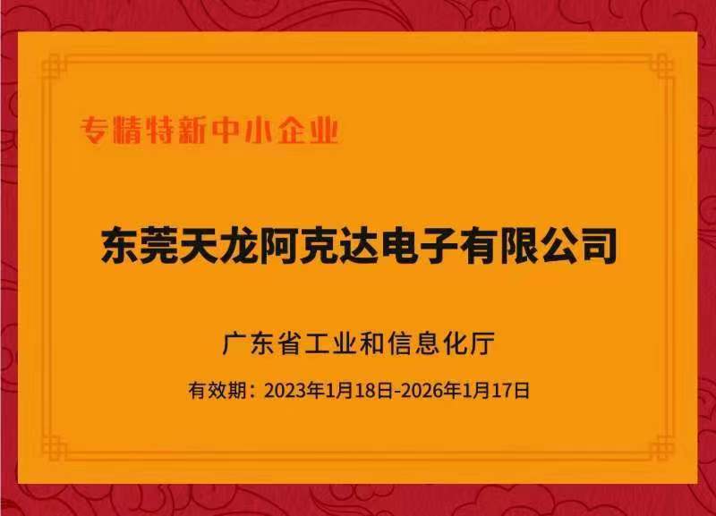 东莞天龙荣获广东省2022年专精特新中小企业称号