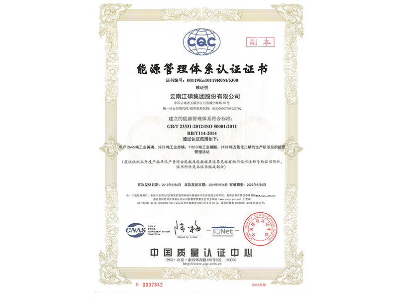 SO 50001：2011 能源管理体系认证证书