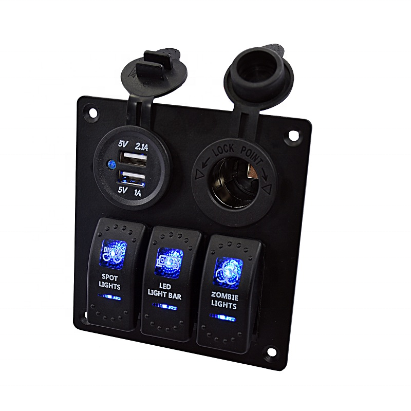 3 gang waterproof car auto boat marine rocker switch panel with dual usb charger digital voltmeter & 12v cigarette socket 