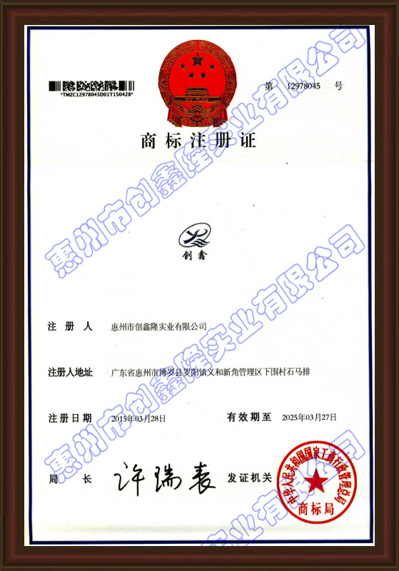 Chuangxin trademark registration certificate (1)