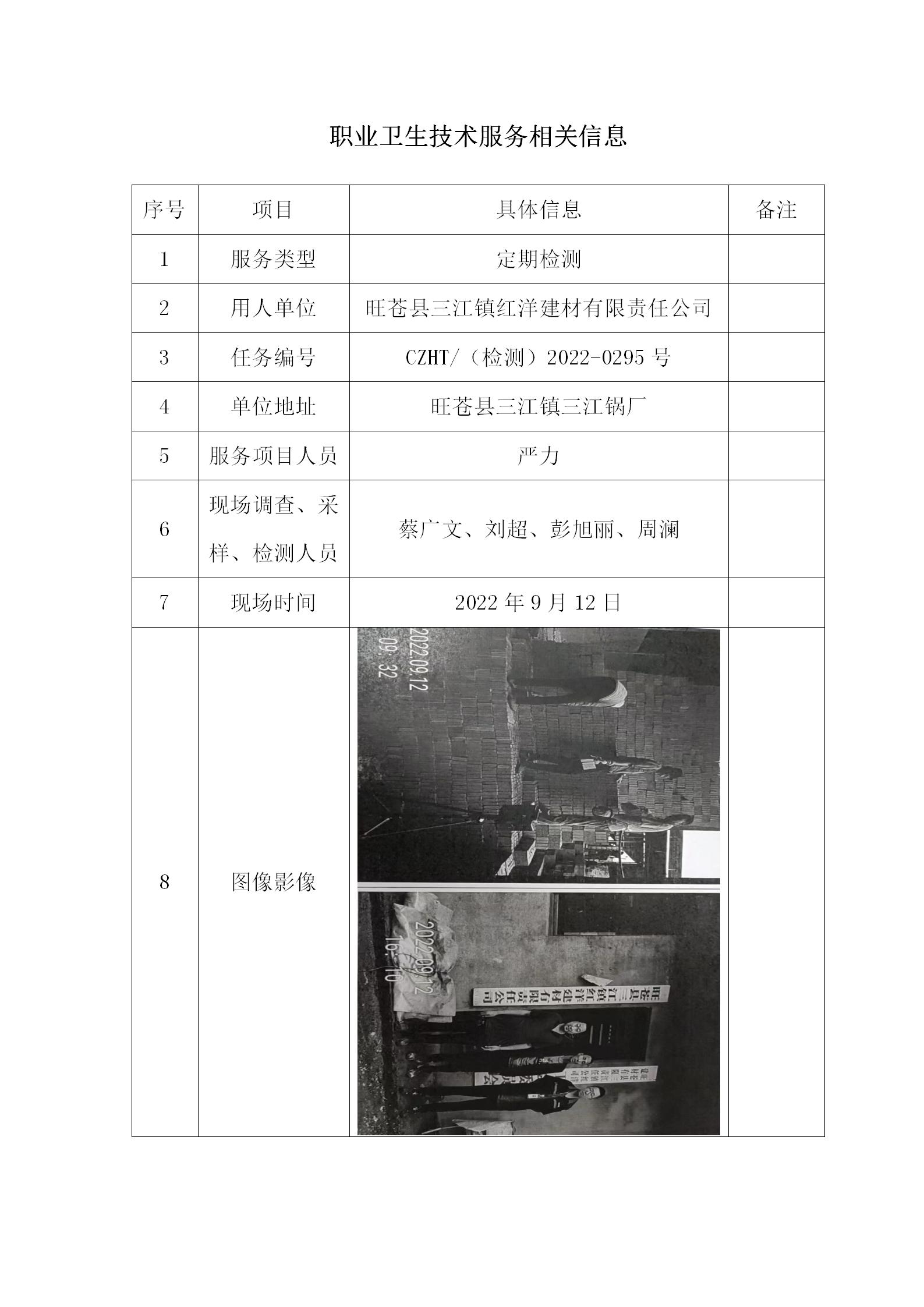 定检公示：旺苍县三江镇红洋建材有限责任公司职业卫生定期检测信息公示