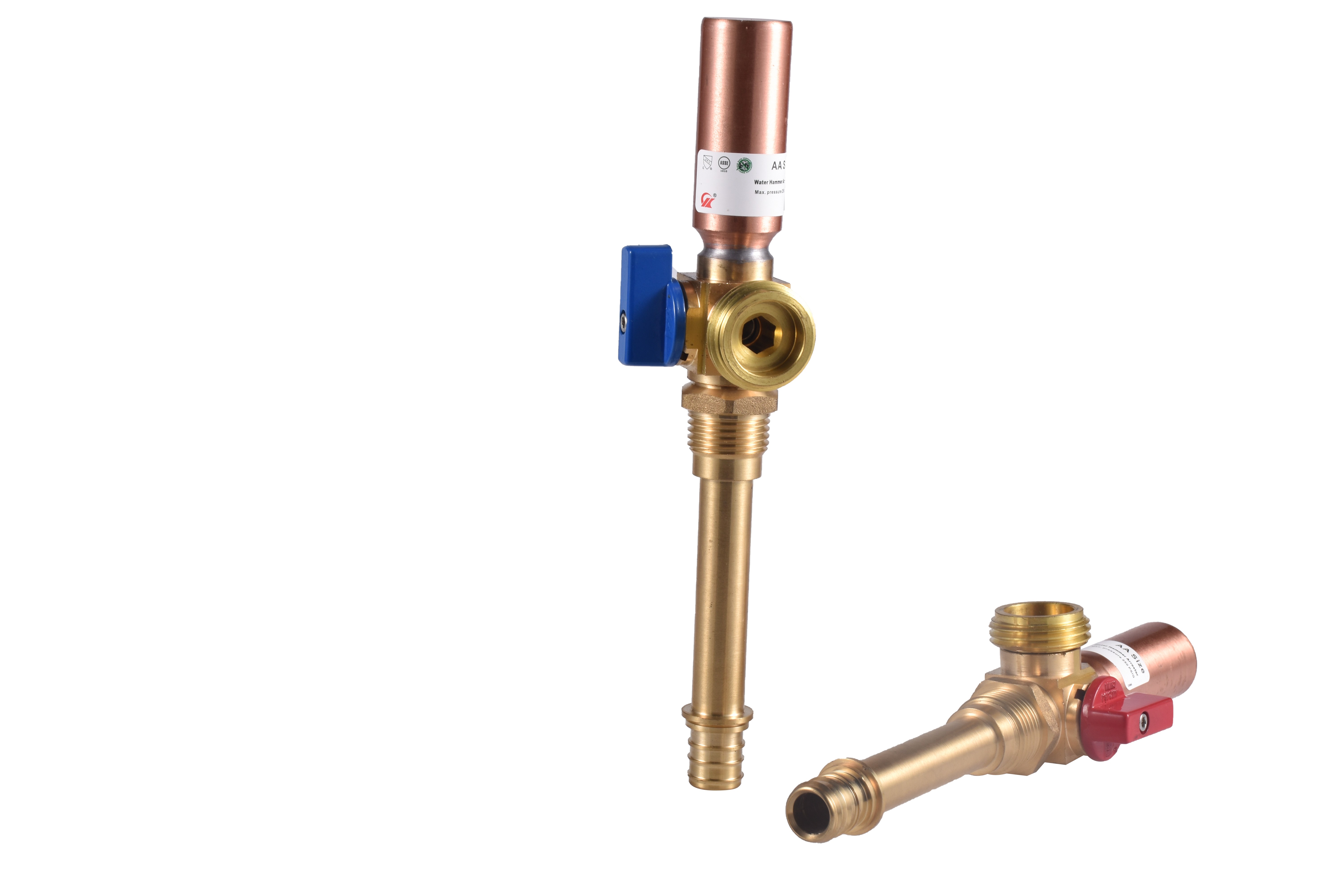 Valve with Copper Water Hammer Arrester 1/2" Rehau Pex F-877 x 3/4" MHT Left Blue and Right Red Handle