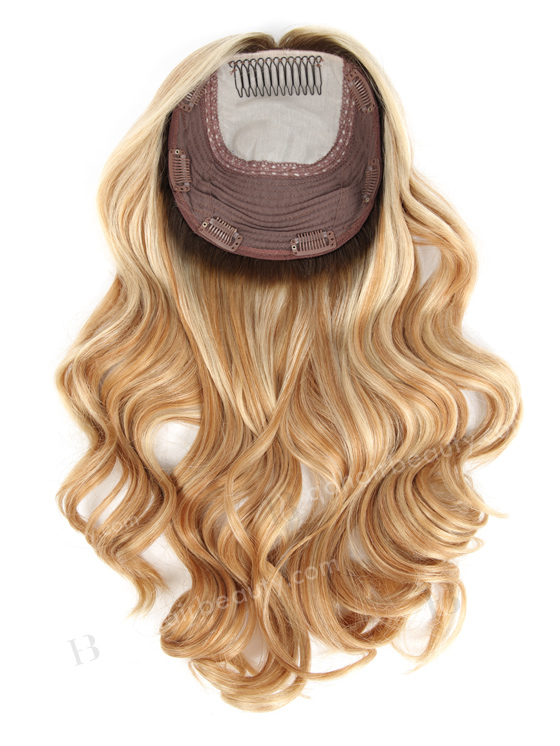 In Stock European Virgin Hair 16" Beach Wave T9/613# with T9/18# Highlights 7"×7" Silk Top Wefted Hair Topper-027