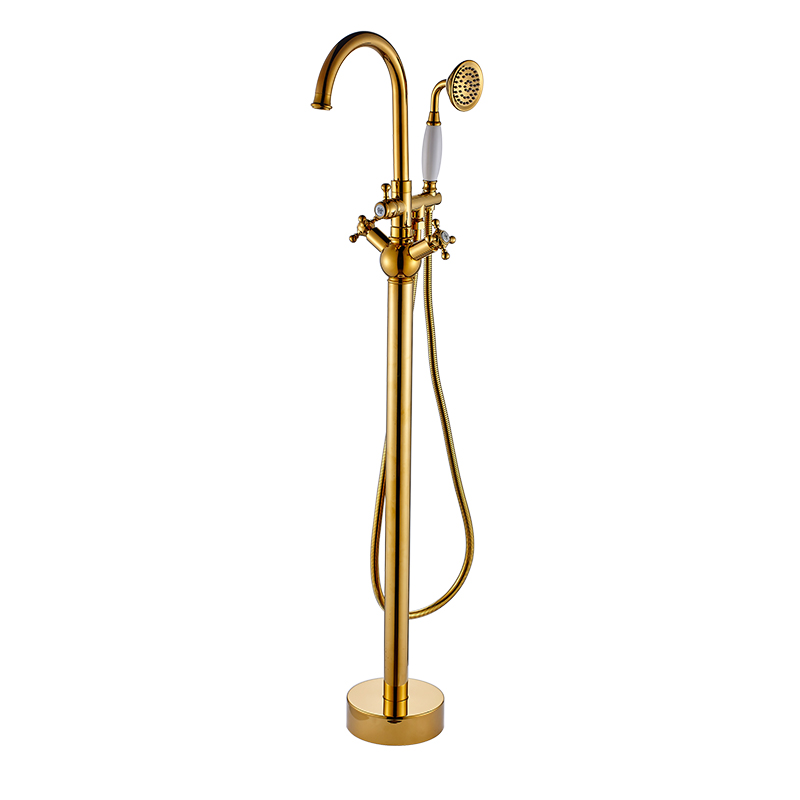 Gold Floor Mounted Tub Shower Faucet with Hand Sprayer Head,Single Handle Free Standing Bathtub Mixer Tap