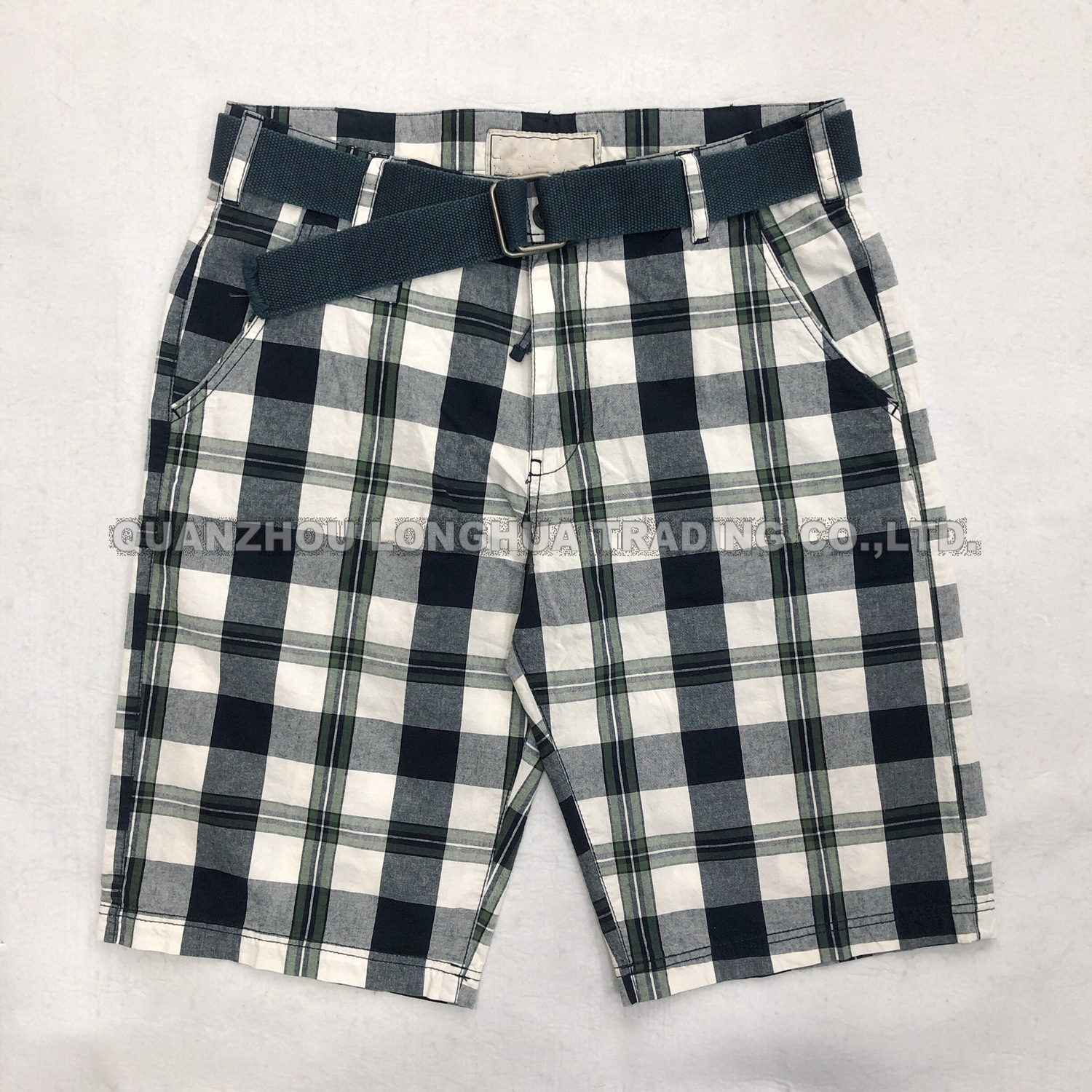 Men′s Boy′s Cargo Shorts Pants Apparel Trousers Plaid Printing Cotton Enzym Wash with Belt