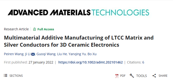 《Advanced Materials Technologies》低温共烧陶瓷（LTCC）三维电子器件的多材料混合3D打印技术