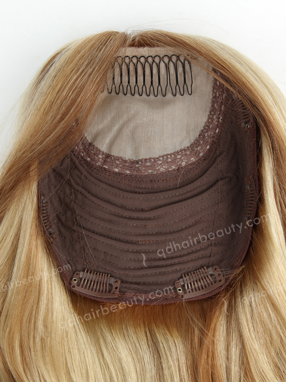 In Stock European Virgin Hair 18" One Length Beach Wave T8/613# with 8# Highlights 8"×8" Silk Top Wefted Hair Topper-020
