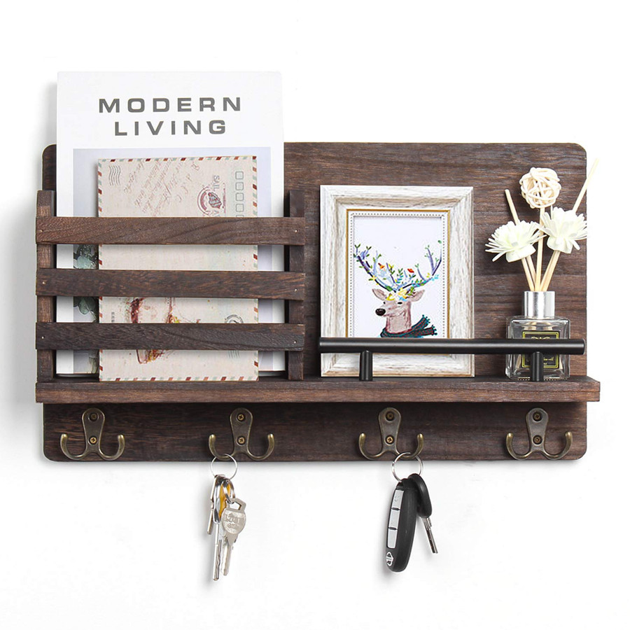Wooden Mail and Key Holder for Wall Decorative / Rustic Wall Mounted Mail Organizer with 4 Double Key Hooks and 1 Mail Sorter