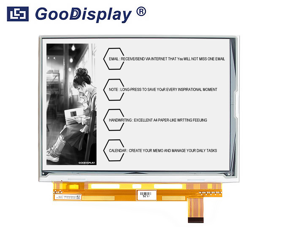 9.7 inch e-paper display resolution 1200x825 big size parallel panel, GDEP097TC2