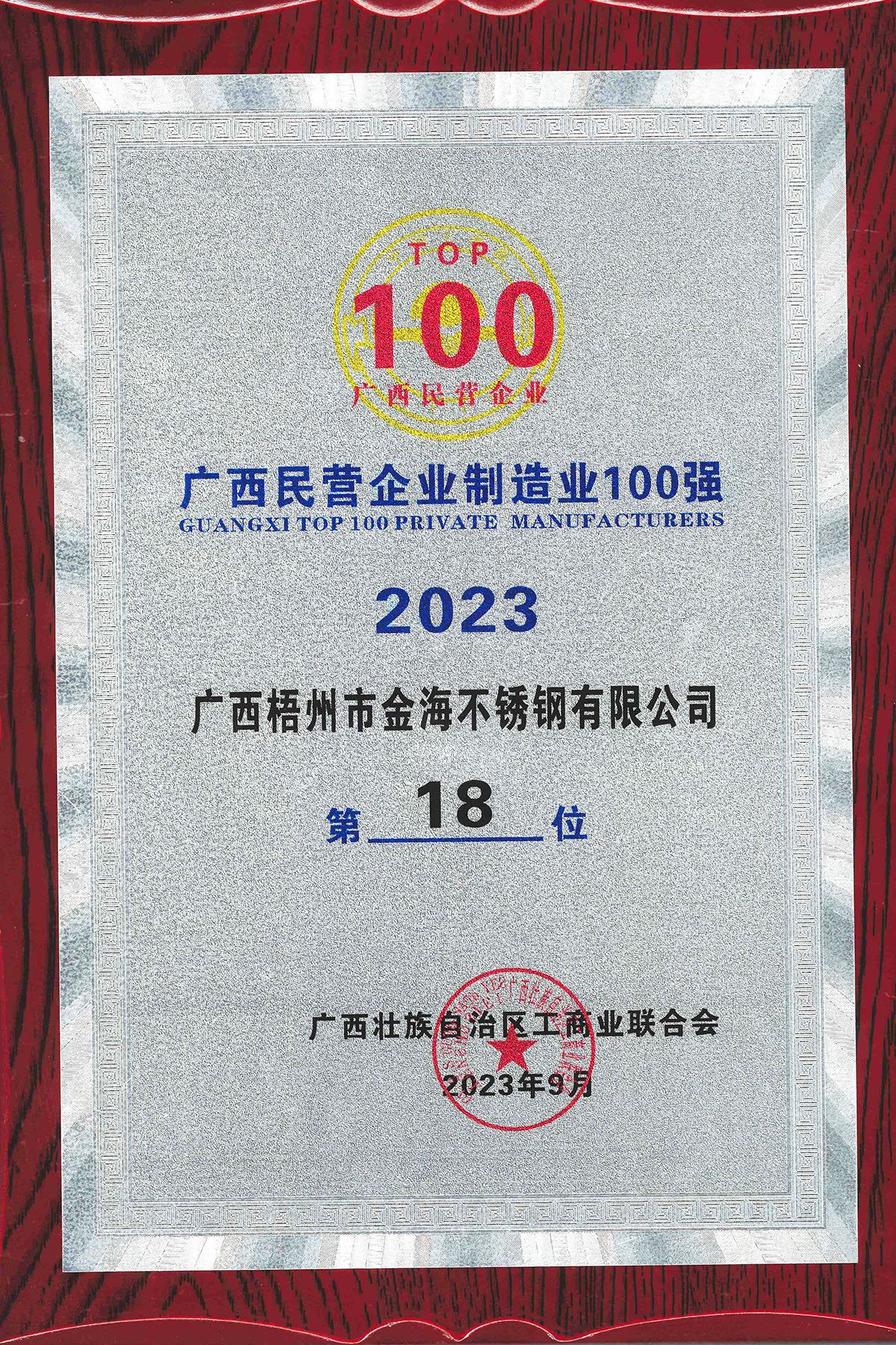 2023年广西民营企业制造业100强第18位