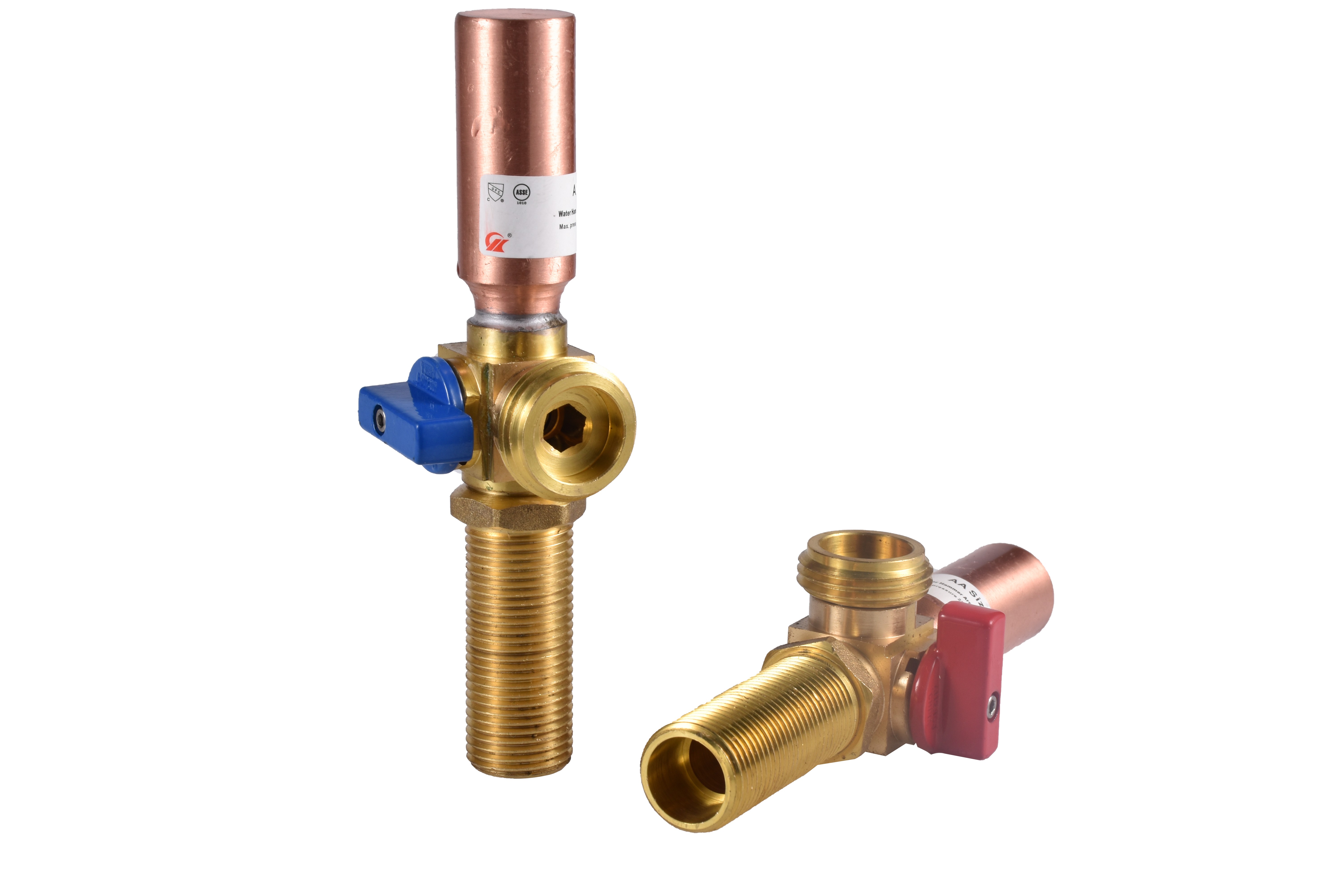 Valve with Copper Water Hammer Arrester 1/2" MIPS x 3/4" MHT Left Blue and Right Red Handle