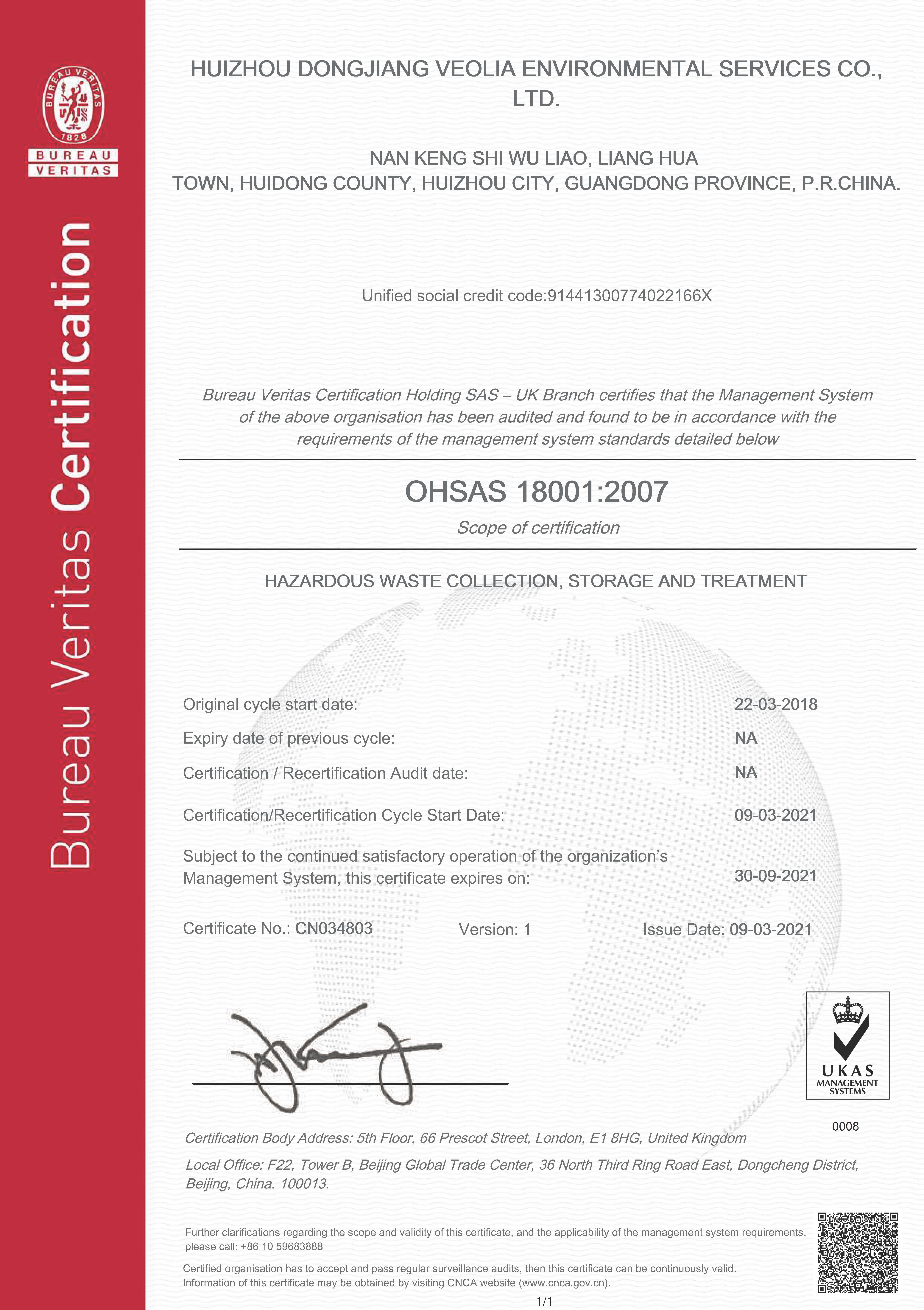 OHSAS18001体系英文证书
