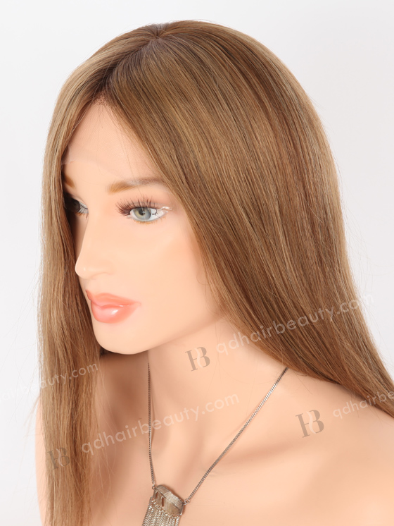In Stock European Virgin Hair 14" All One Length Straight 8a/4/9# Highlights, Roots 4# Color Lace Front Silk Top Glueless Wig GLL-08070
