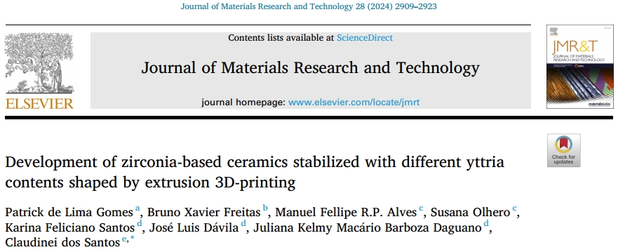 《Journal of Materials Research and Technology》：挤出3d打印成型不同氧化钇含量稳定氧化锆基陶瓷的研制