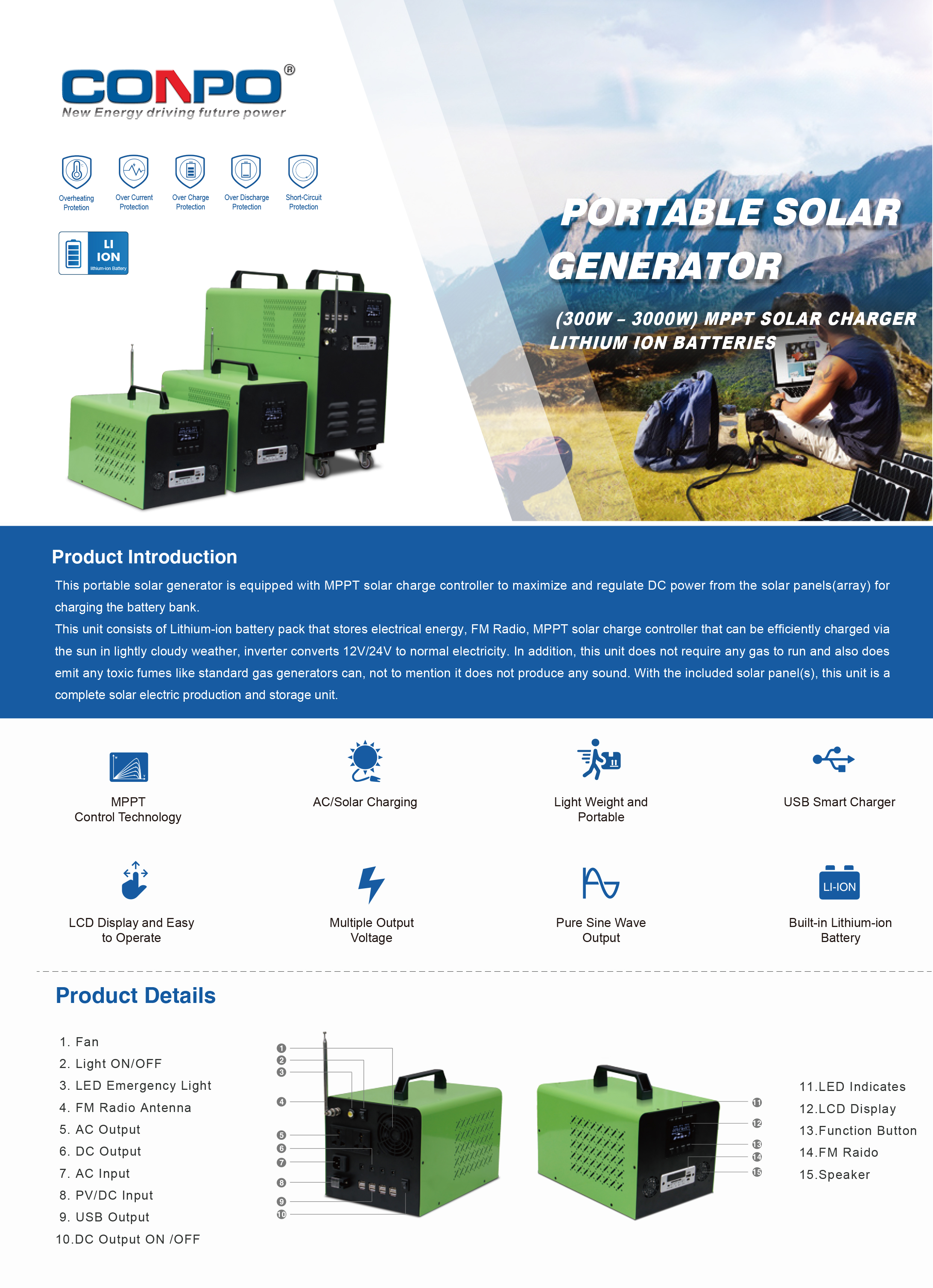300W/500W/1000W/2000W/3000W PIM-Li series DC/AC Solar Generator, built-in MPPT Solar Charge Controller (Lithium Battery)