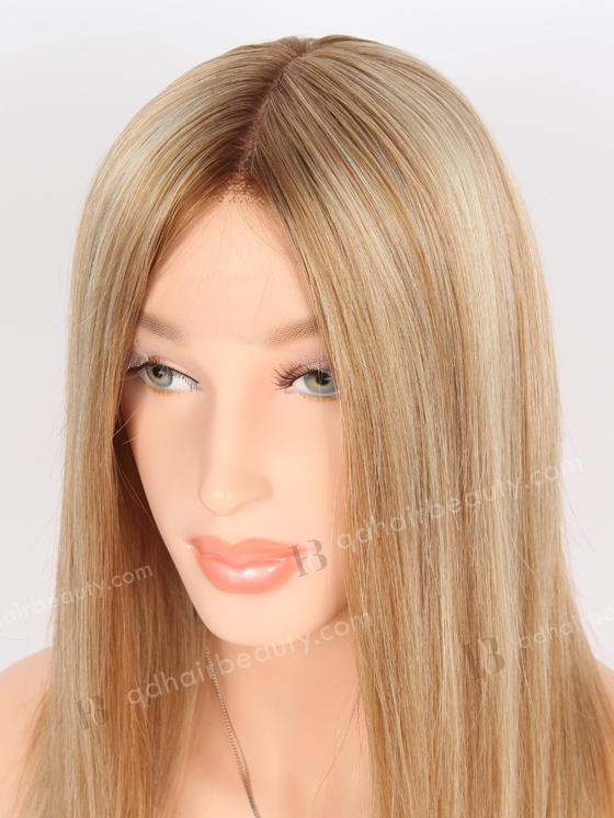 In Stock European Virgin Hair 14" Straight 8#/22#/60# Highlights Brown Roots Color Lace Front Silk Top Glueless Wig GLL-08054