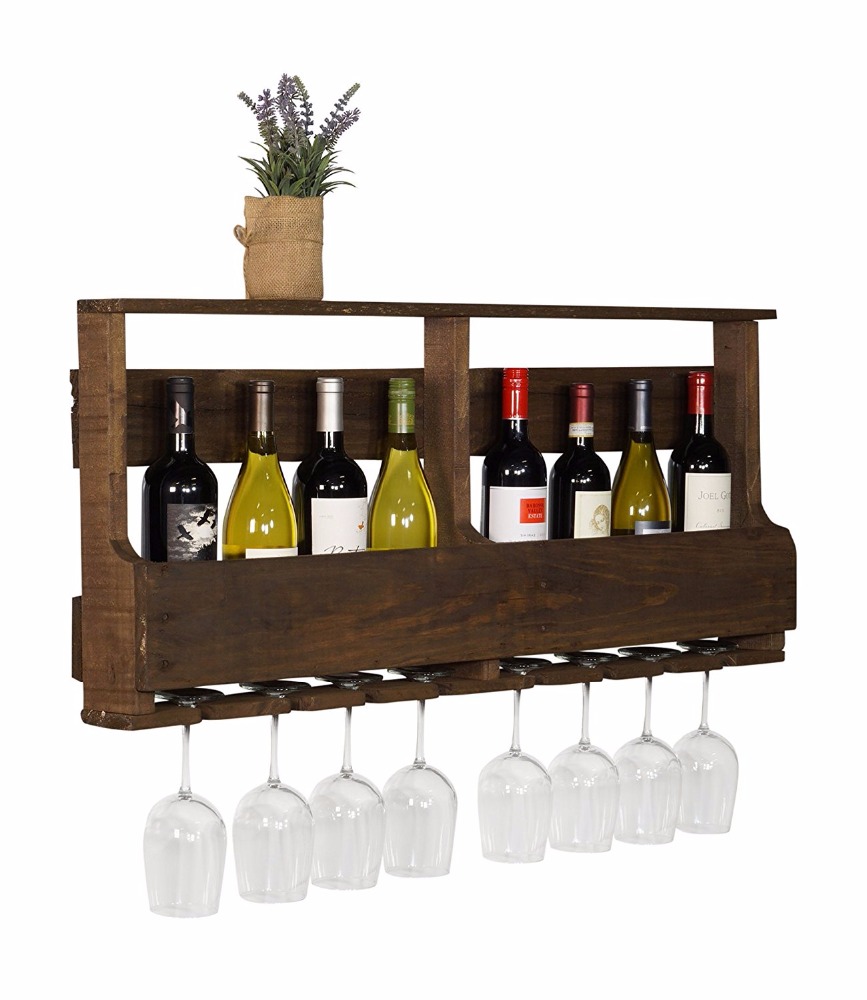 Original Wine Rack Handmade Reclaimed Wood Wall Mounted 8 Bottle 8 Long Stem Glass Holder & Shelf