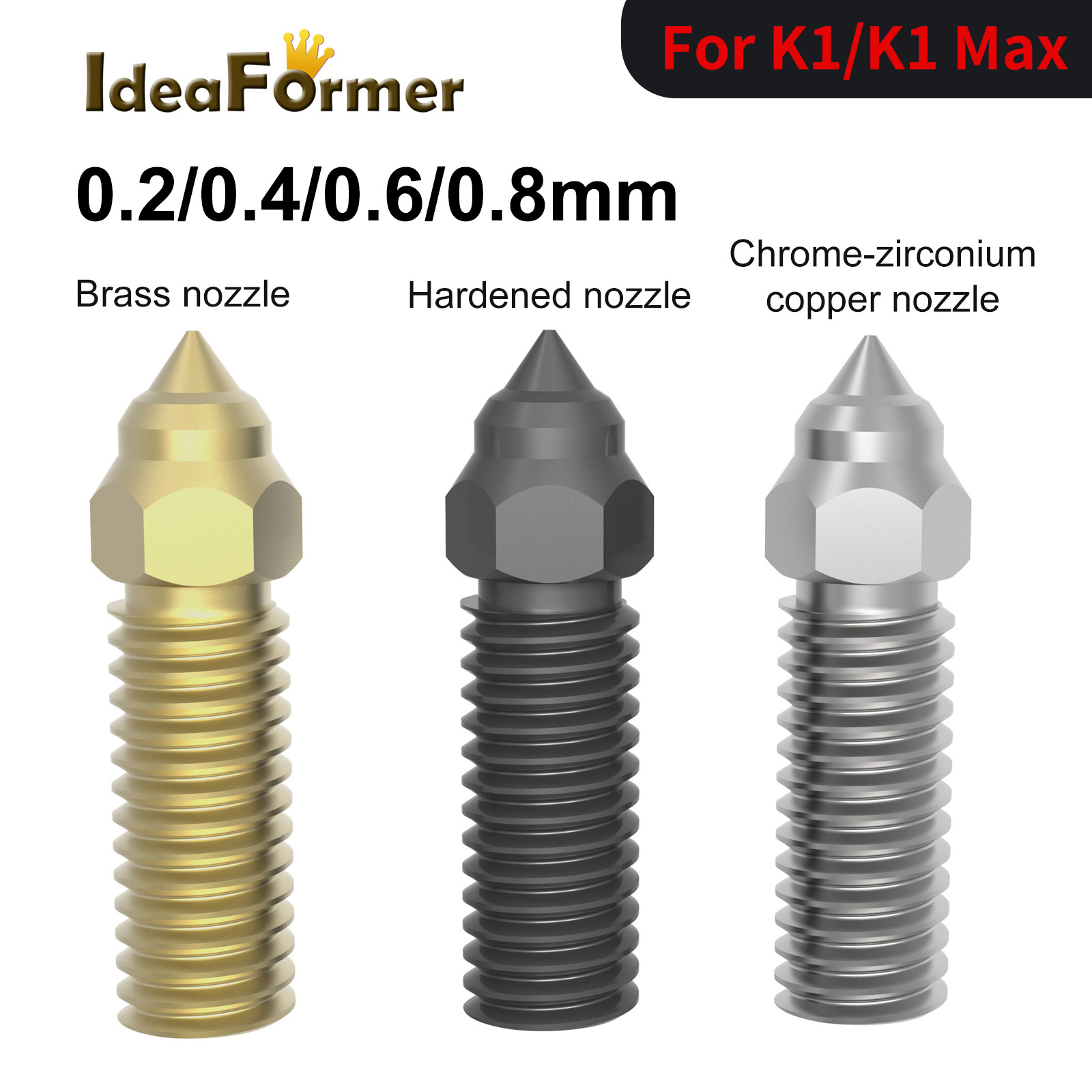 IdeaFormer K1 Nozzle Kit, 2PCS 3D Printer Hardened Steel/copper alloy nozzle/Brass Nozzles 0.2/0.4/0.6/0.8mm, High Speed Printing and High Flow Extruder Nozzles for Creality K1, K1 Max, CR-M4 3D Printer