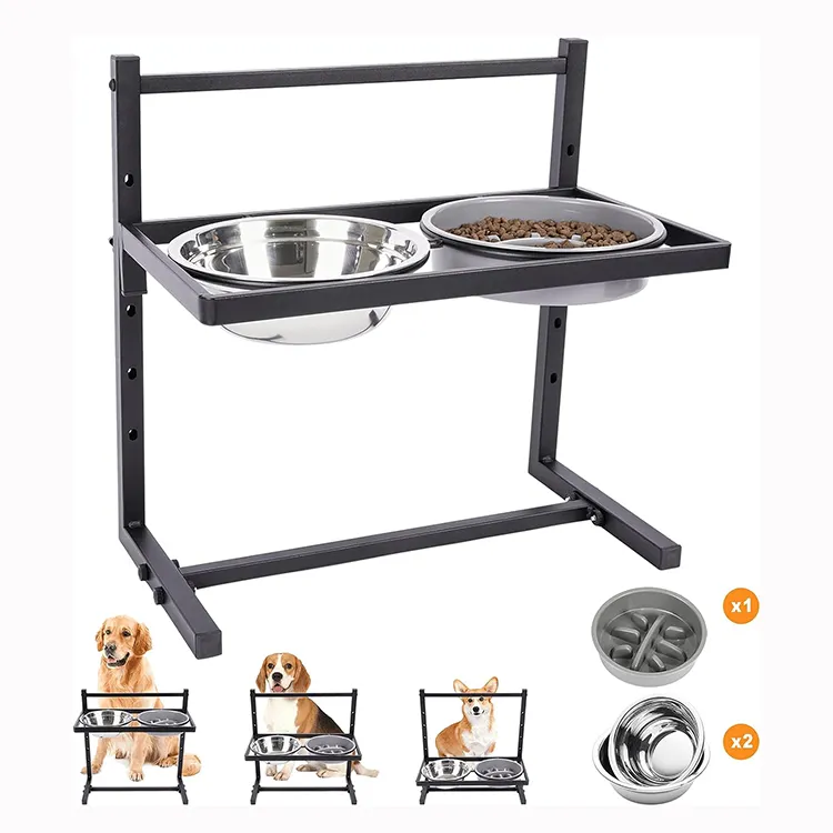 JH-Mech Raised Dog Bowls Stand 5 Adjustable Height Metal Elevated Dog Bowls with 2 Stainless Steel Dog Food