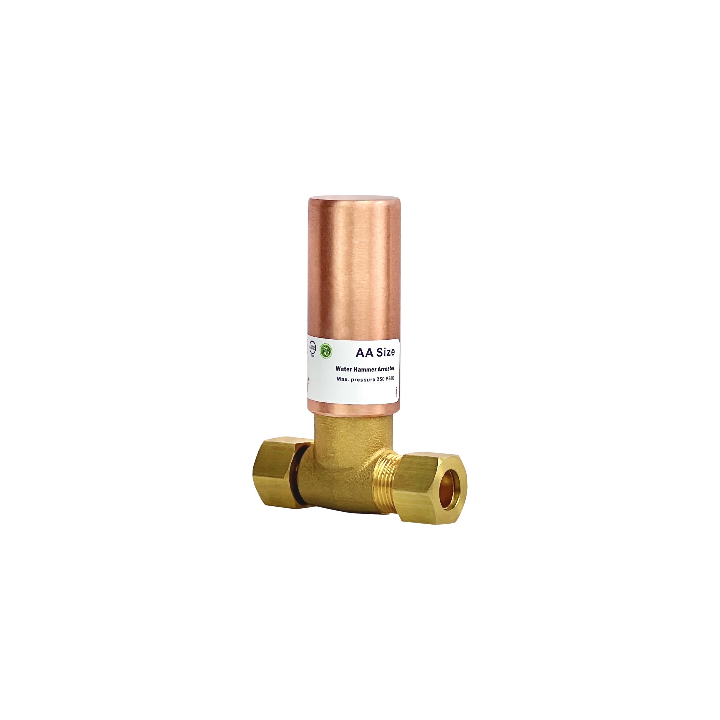 AA Size Copper Water Hammer Arrester 3/8" OD Comp x 3/8" FEM Comp Tee Lead Free Compact