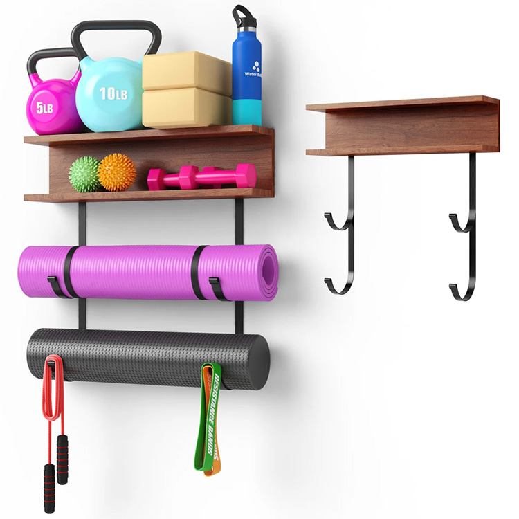 JH-Mech Elegant Wood Floating Shelves Heavy Duty Decorative Design Organize Your Workout Equipment Yoga Mat Holder Wall Mount