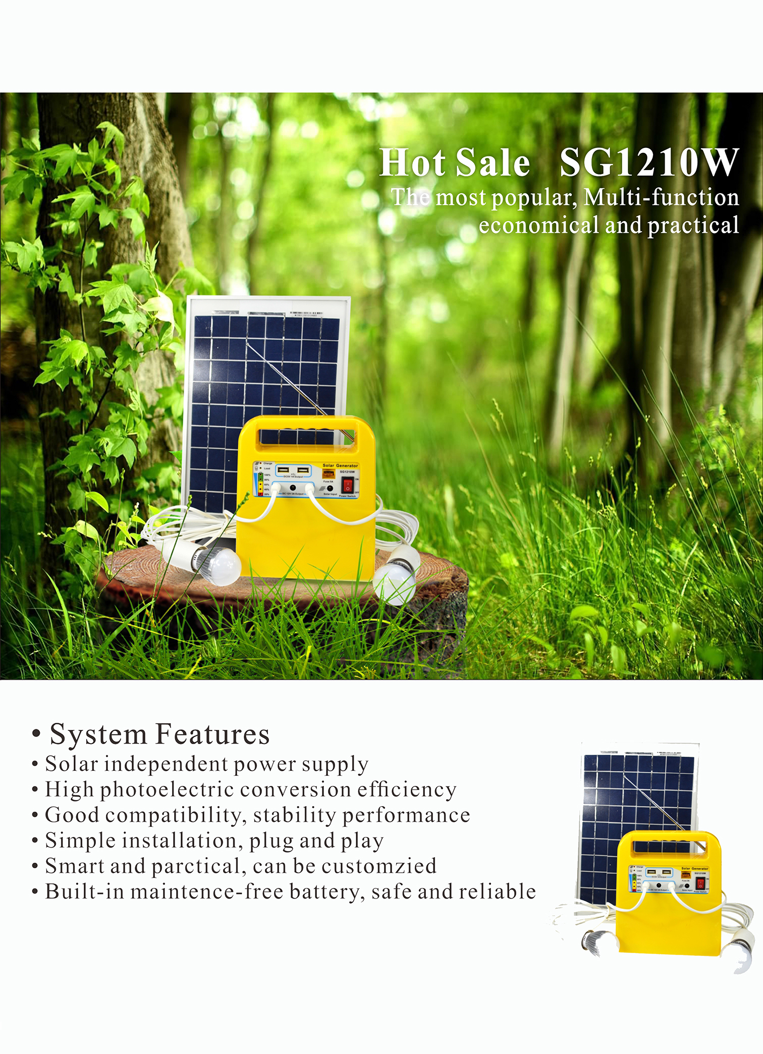 DC Solar Generator 10W Solar System, with MP3 player, Radio, USB and Lighting