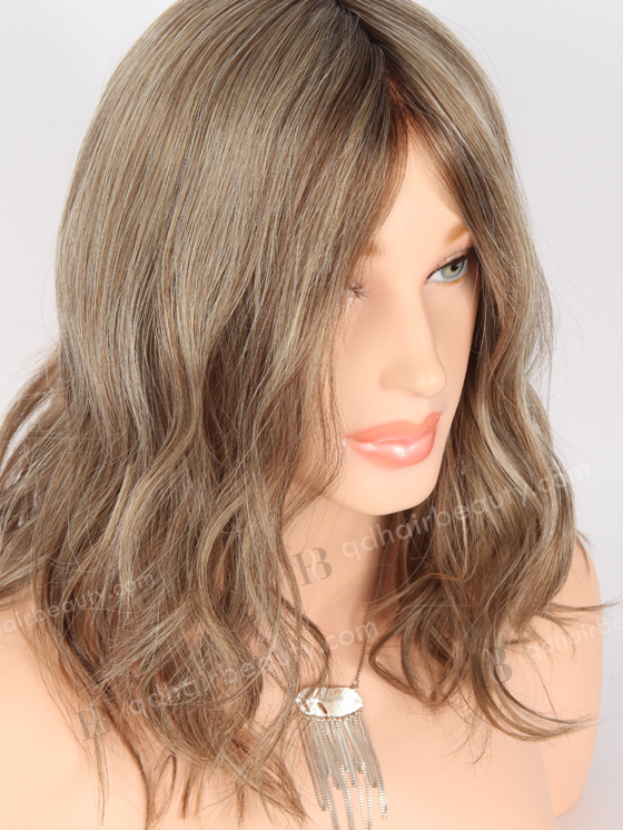 In Stock European Virgin Hair 14" Slight Wave Base 60#/10#/8a#, Roots 4# Color Monofilament Top Glueless Wig GLM-08005
