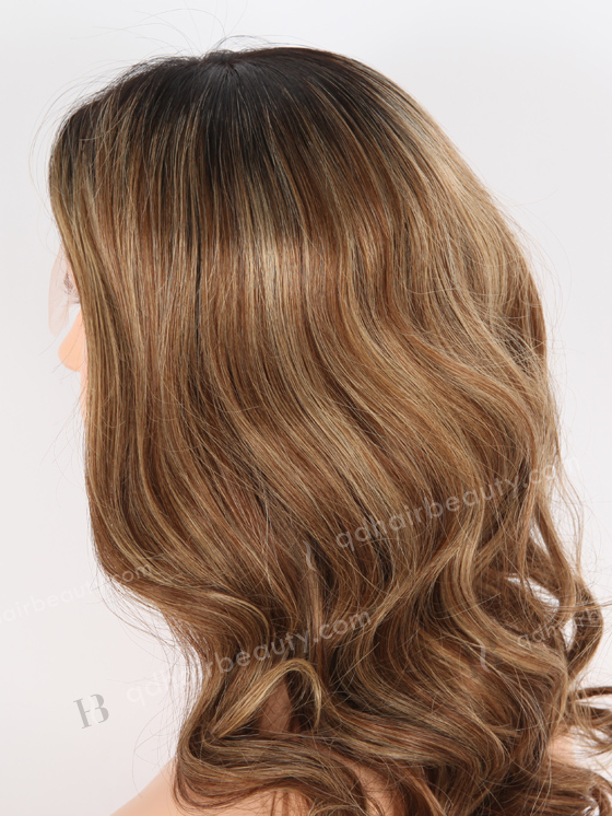 In Stock European Virgin Hair 16" Beach Wave 6#/27# Highlights, Roots Natural Color Lace Front Wig RLF-08016